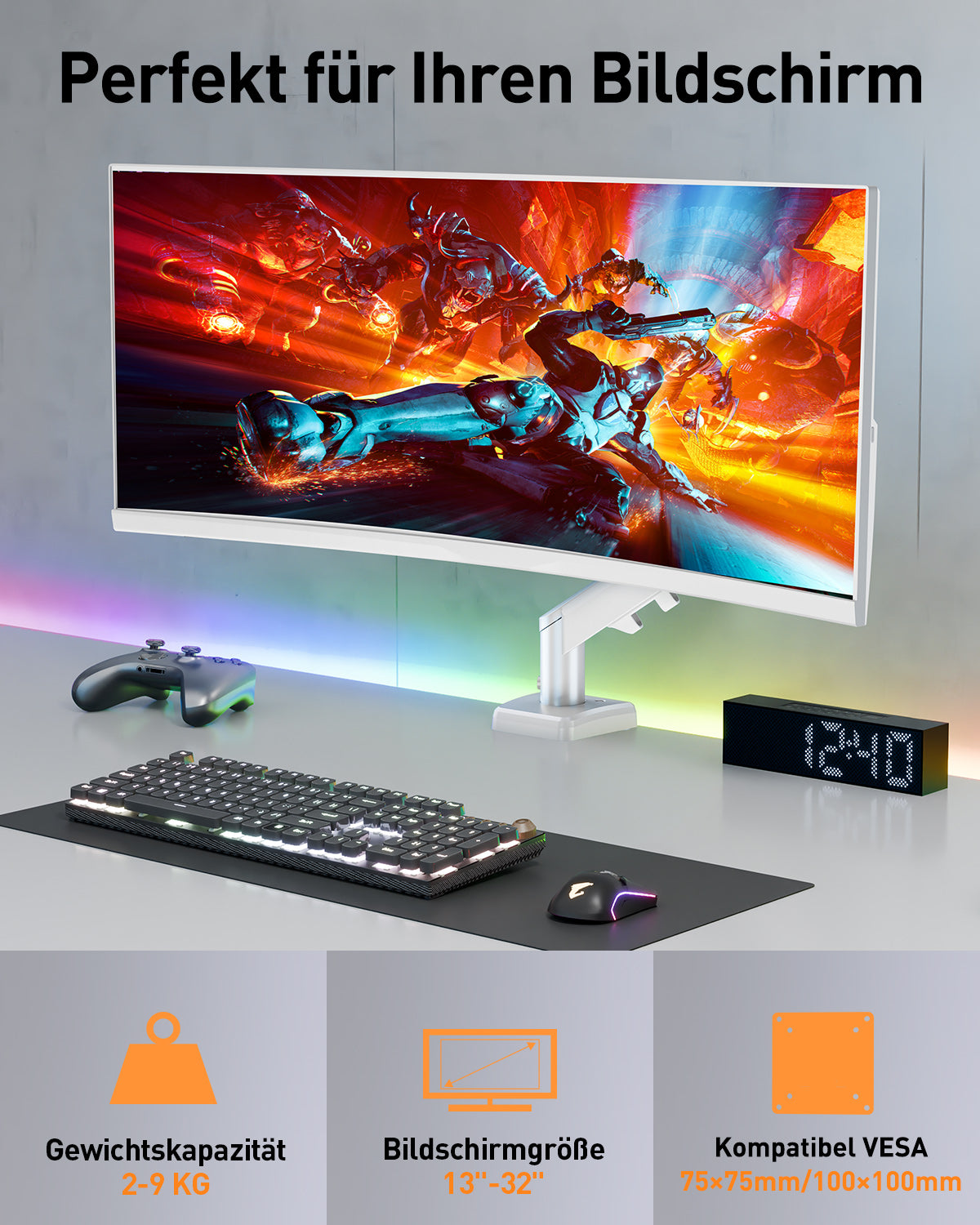 ELIVED Monitor Halterung für 13"-32" Monitor, Monitorhalterung Ideal für 2-9 kg Gaming PC Bildschirme mit VESA 75/100 mm, Gasfeder Monitor Arm mit Neigbar, Schwenkbar, Drehbar, Weiß, EV6013W-DE