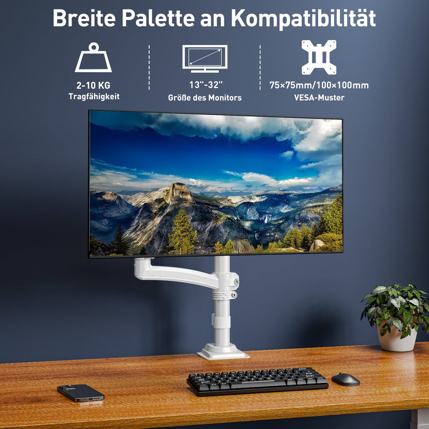 ELIVED Monitor Halterung für 13-32" Bildschirme, Gasfeder Monitor Arm hält 2-10 kg Monitor mit VESA 75/100mm, Höhenverstellbare Einarmig Monitorarm mit Neigbar, Schwenkbar, Drehbar, Weiß, EV6033W