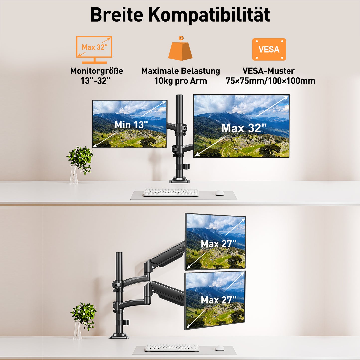 ELIVED Monitor Halterung 2 Monitore für 13-32" Bildschirme, Monitor Arm hält 2-10 kg Monitor mit VESA 75/100mm, Höhenverstellbare Dual Monitorarm mit Neigbar, Schwenkbar, Drehbar, EV6034B