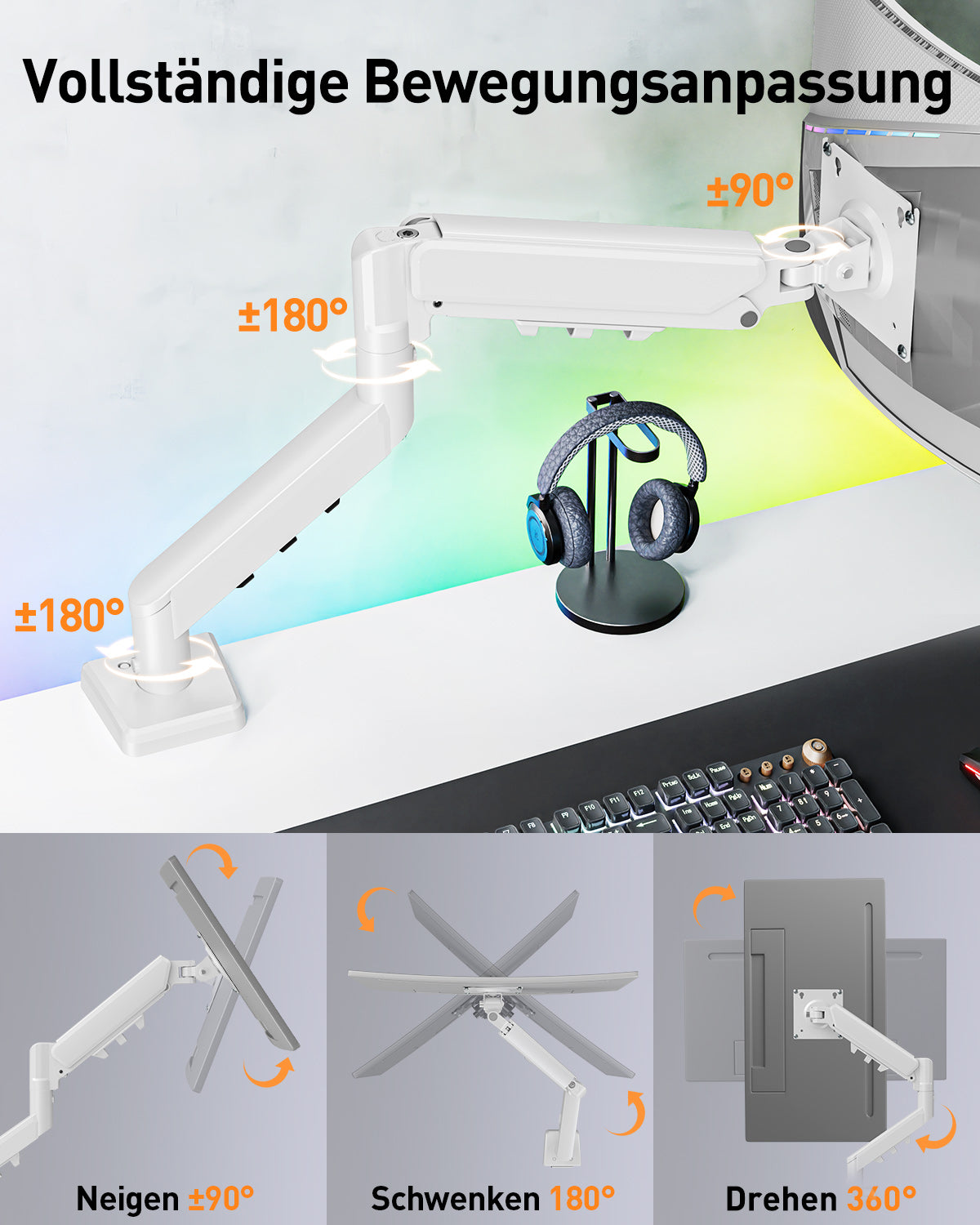 ELIVED Monitor Halterung für 13"-32" Monitor, Monitorhalterung Ideal für 2-9 kg Gaming PC Bildschirme mit VESA 75/100 mm, Gasfeder Monitor Arm mit Neigbar, Schwenkbar, Drehbar, Weiß, EV6013W-DE