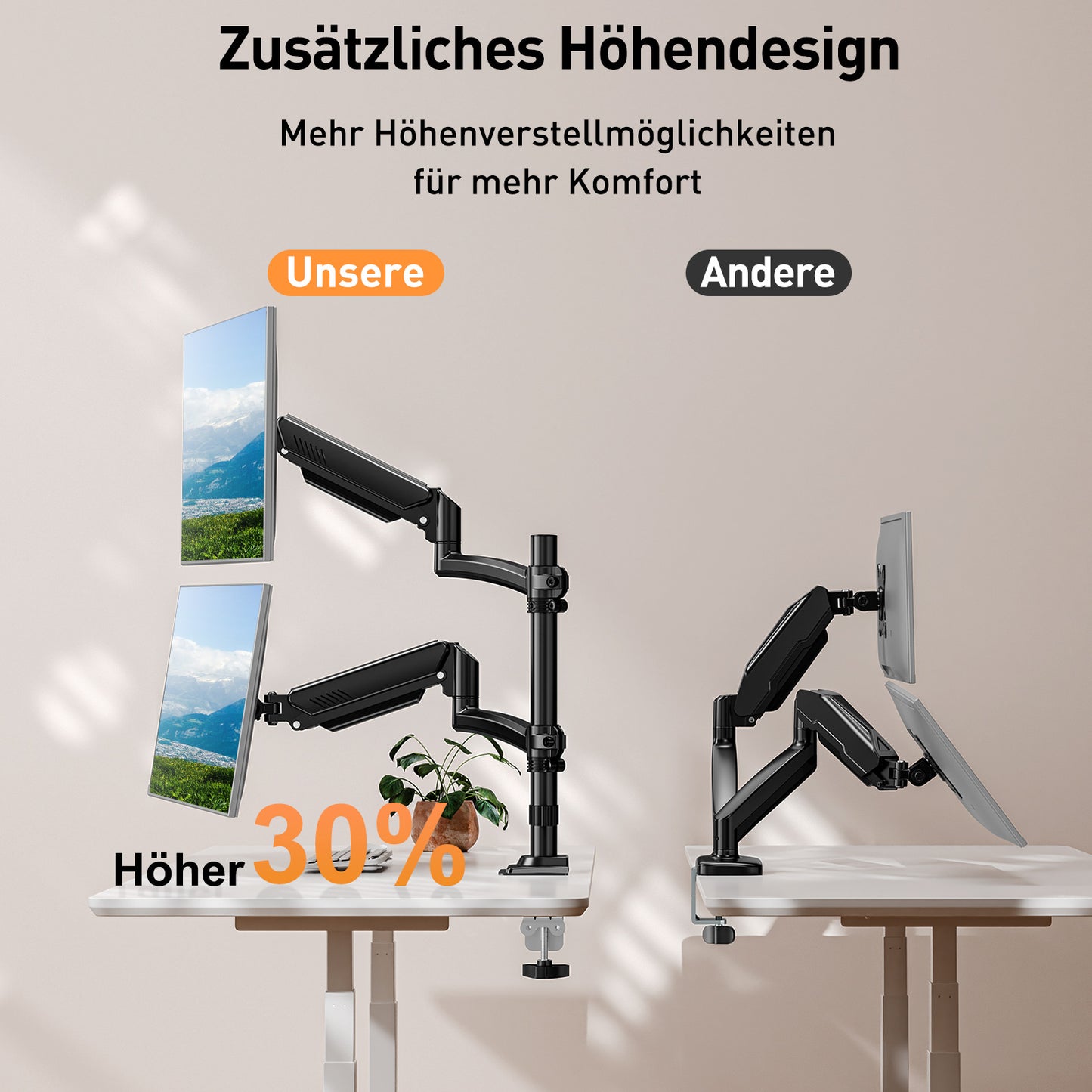 ELIVED Monitor Halterung 2 Monitore für 13-32" Bildschirme, Monitor Arm hält 2-10 kg Monitor mit VESA 75/100mm, Höhenverstellbare Dual Monitorarm mit Neigbar, Schwenkbar, Drehbar, EV6034B
