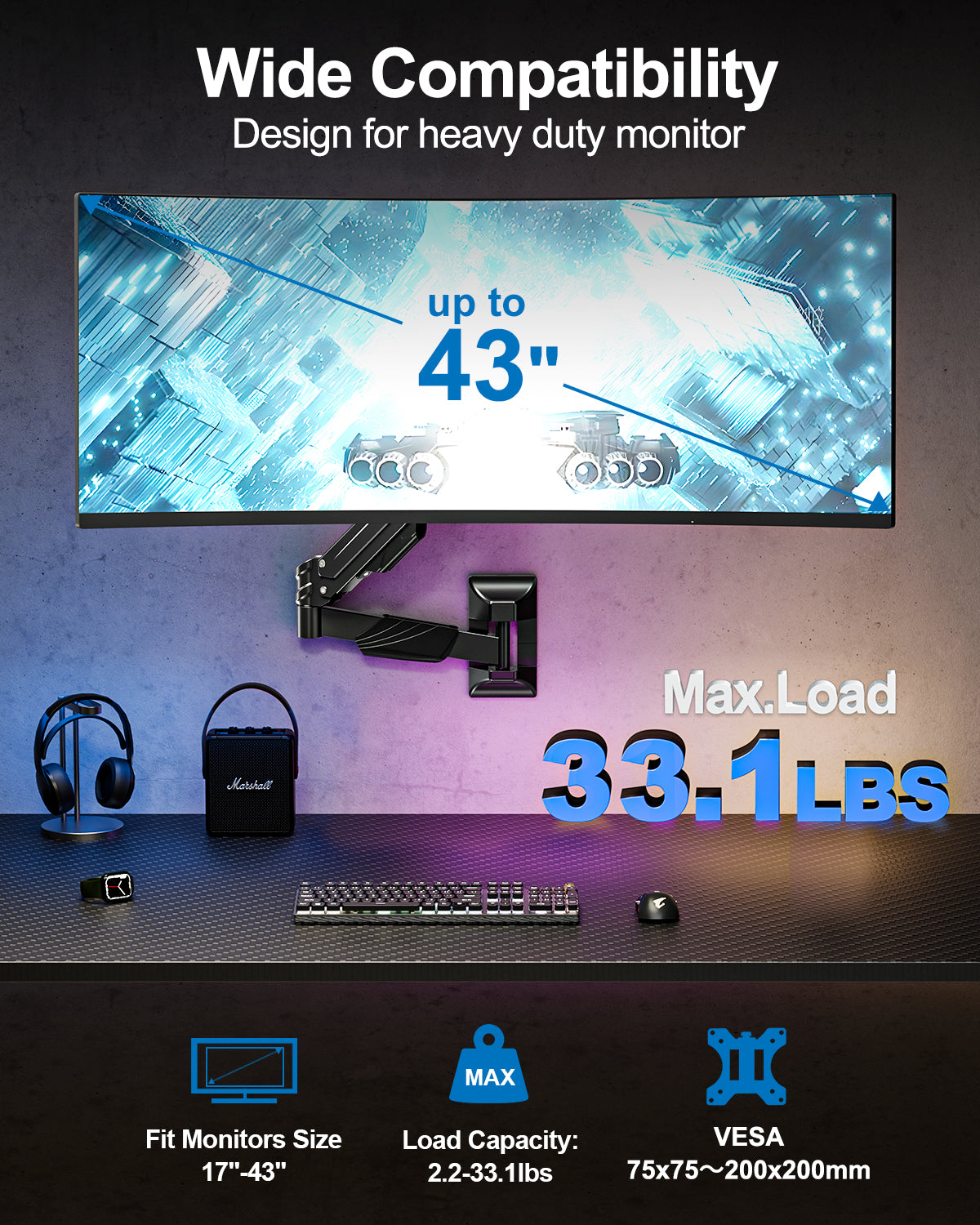 ErgoFocus Monitor Wall Mount for Max 43", Premium Single Wall Monitor Mount Holds up to 33.1lbs Ultrawide Computer Screen, Height Adjustable Full Motion Gas Springcore Vesa Wall Mount, Max 200x200mm