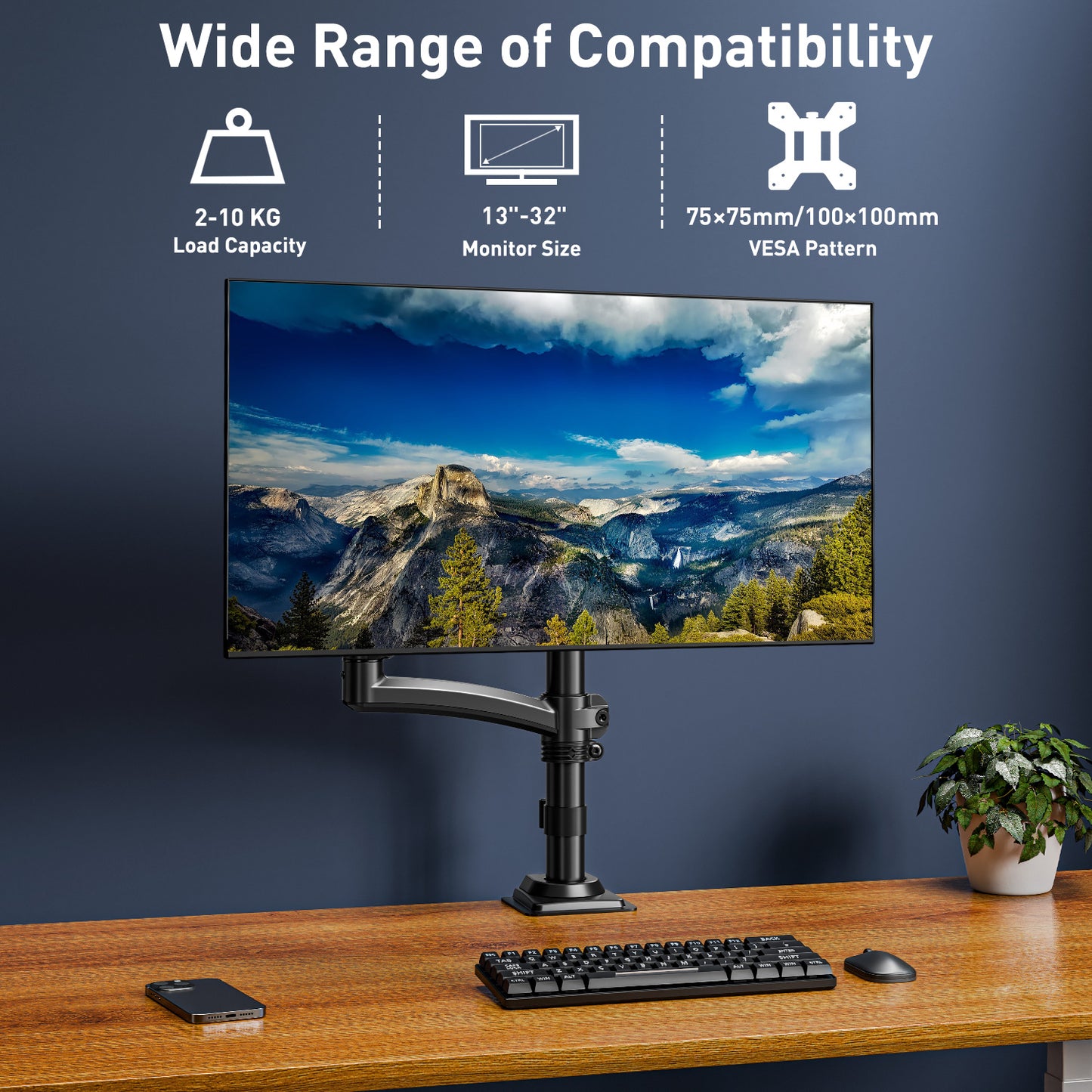 ELIVED Taller Monitor Stand Long Arms for 13-32 inch Screens, Height Adjustable, VESA 75/100mm, Single Monitor Arm Desk Mount with Tilt Swivel Rotation, Up to 10KG, Black, EV6033B