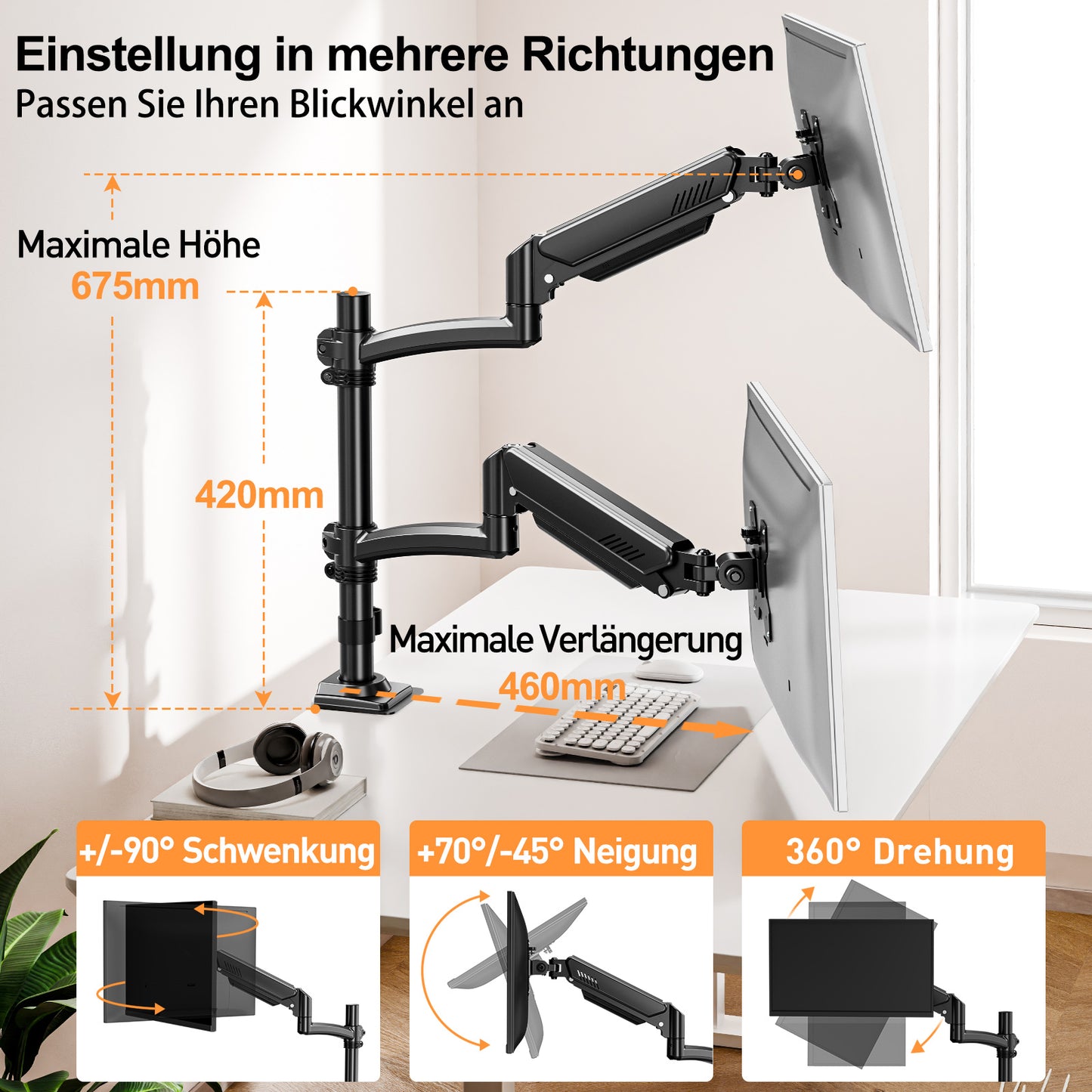 ELIVED Monitor Halterung 2 Monitore für 13-32" Bildschirme, Monitor Arm hält 2-10 kg Monitor mit VESA 75/100mm, Höhenverstellbare Dual Monitorarm mit Neigbar, Schwenkbar, Drehbar, EV6034B
