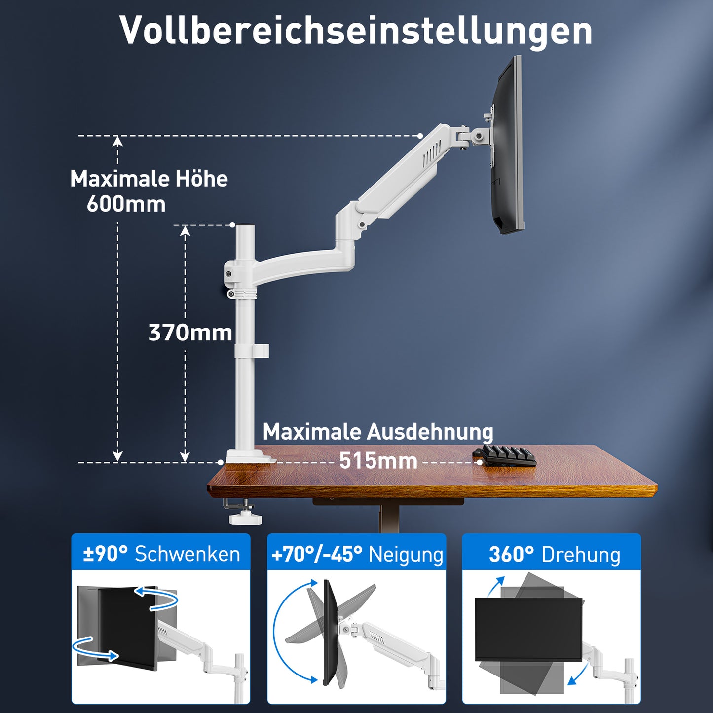 ELIVED Monitor Halterung für 13-32" Bildschirme, Gasfeder Monitor Arm hält 2-10 kg Monitor mit VESA 75/100mm, Höhenverstellbare Einarmig Monitorarm mit Neigbar, Schwenkbar, Drehbar, Weiß, EV6033W