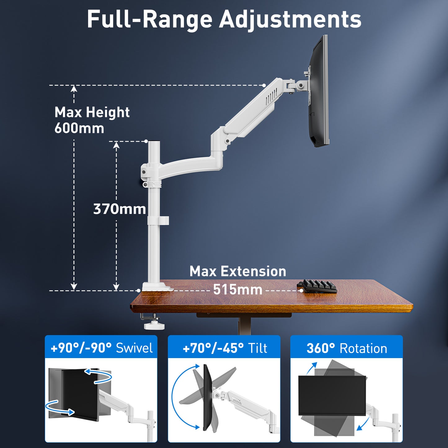 ELIVED Taller Monitor Stand Long Arms for 13-32 inch Screens, Height Adjustable, VESA 75/100mm, Single Monitor Arm Desk Mount with Tilt Swivel Rotation, Up to 10KG, White, EV6033W