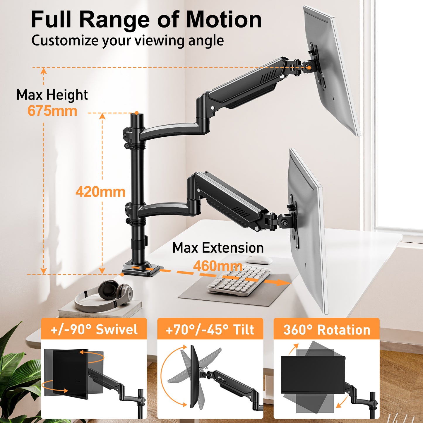 ELIVED Taller Dual Monitor Stand Long Arms for 13-32 inch Screens, Height Adjustable, VESA 75/100mm, Monitor Arm Desk Mount with Tilt Swivel Rotation, Up to 10KG, Black, EV6034B