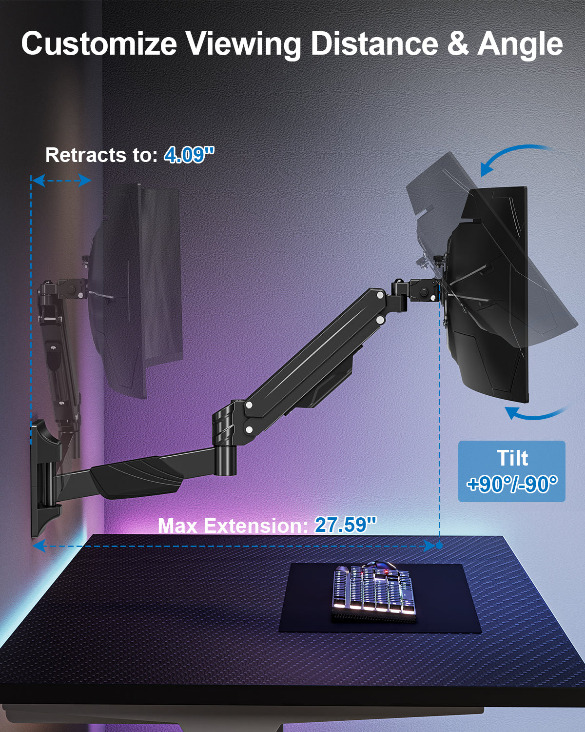 ErgoFocus Monitor Wall Mount for Max 43", Premium Single Wall Monitor Mount Holds up to 33.1lbs Ultrawide Computer Screen, Height Adjustable Full Motion Gas Springcore Vesa Wall Mount, Max 200x200mm