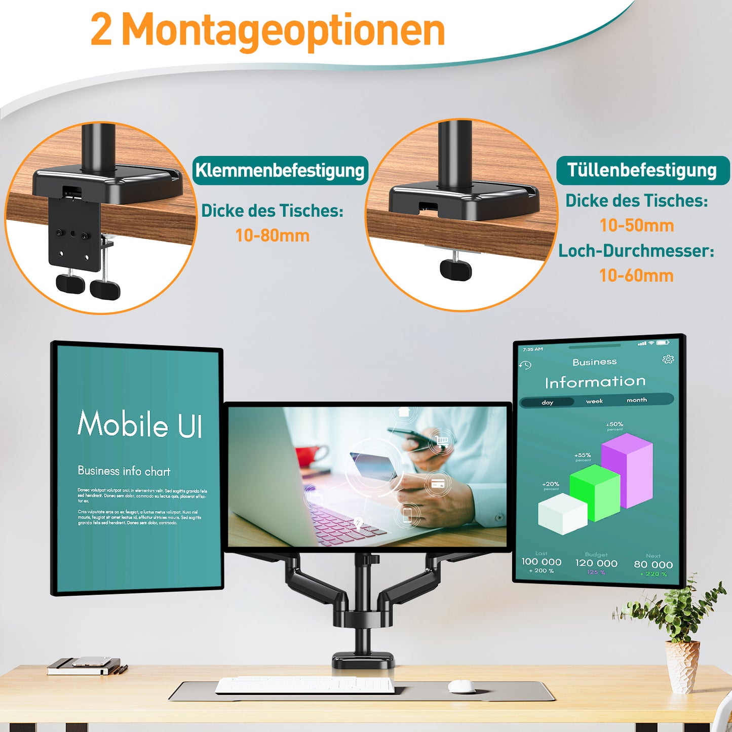 ELIVED Monitor Halterung 3 Monitore für 13-27 Zoll Bildschirme bis zu 9kg mit VESA 75/100, Gasdruckfeder 3 Monitorhalterung, Neigbar Schwenkbar Drehbar Höhenverstellbar Monitor Arm EV006