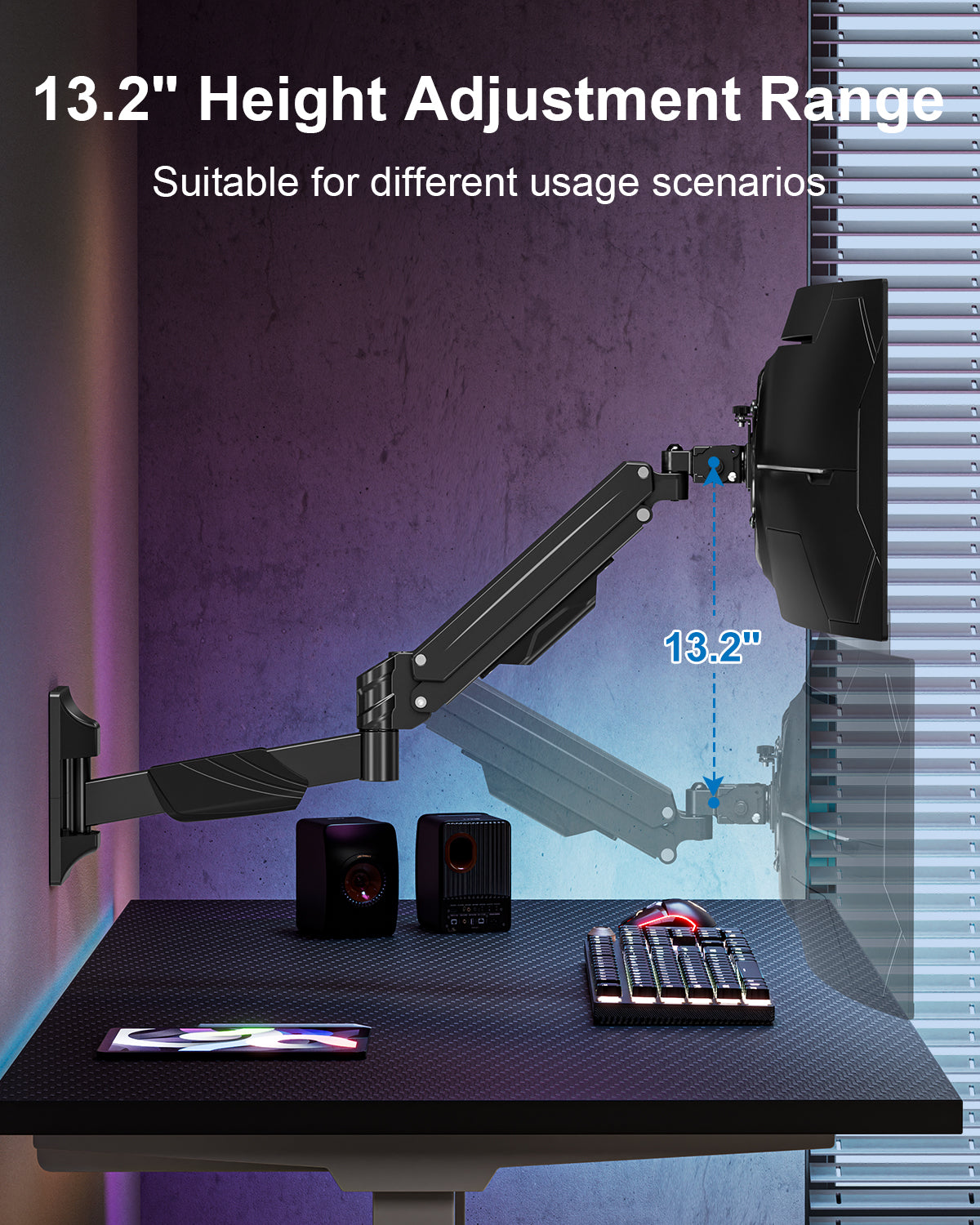 ErgoFocus Monitor Wall Mount for Max 43", Premium Single Wall Monitor Mount Holds up to 33.1lbs Ultrawide Computer Screen, Height Adjustable Full Motion Gas Springcore Vesa Wall Mount, Max 200x200mm