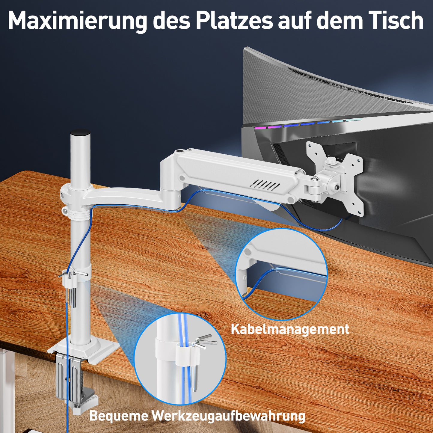 ELIVED Monitor Halterung für 13-32" Bildschirme, Gasfeder Monitor Arm hält 2-10 kg Monitor mit VESA 75/100mm, Höhenverstellbare Einarmig Monitorarm mit Neigbar, Schwenkbar, Drehbar, Weiß, EV6033W