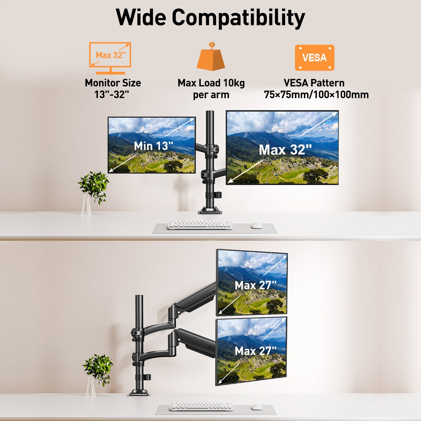 ELIVED Taller Dual Monitor Stand Long Arms for 13-32 inch Screens, Height Adjustable, VESA 75/100mm, Monitor Arm Desk Mount with Tilt Swivel Rotation, Up to 10KG, Black, EV6034B