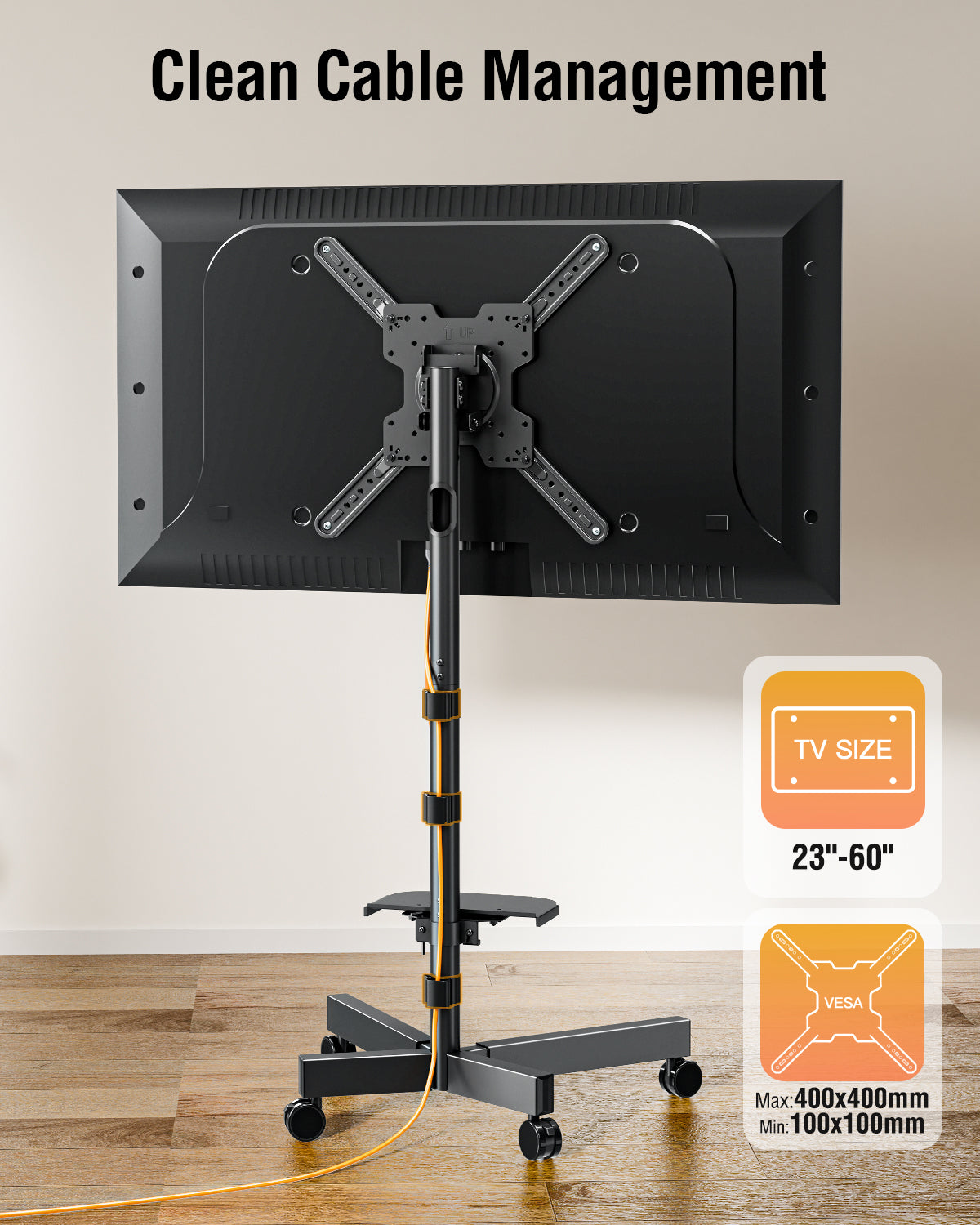 ELIVED Rolling TV Stand for Most 23"-60" TVs, Mobile TV Cart 90° Rotation Landscape to Portrait, Height Adjustable Floor TV Stand with Extendable Base, Max VESA 400x400mm, Up to 77 Lbs, YD2114B