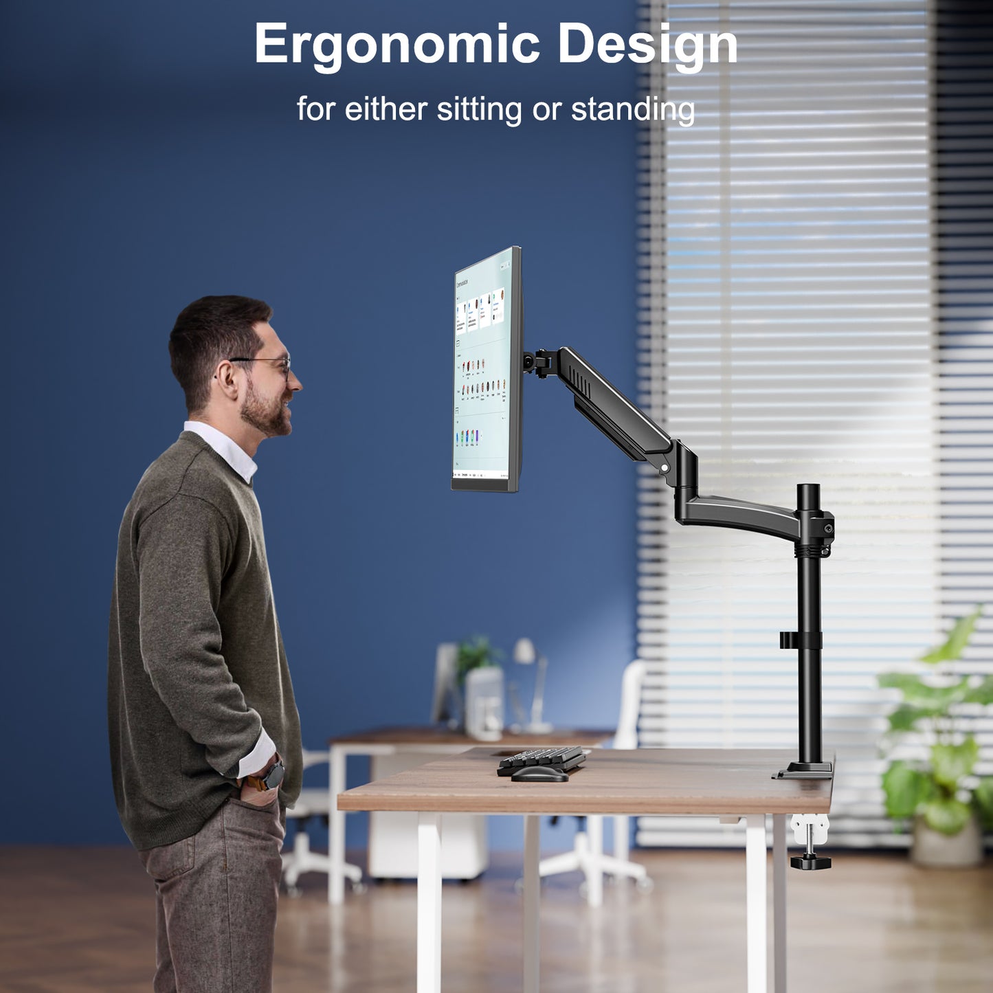 ELIVED Taller Monitor Stand Long Arms for 13-32 inch Screens, Height Adjustable, VESA 75/100mm, Single Monitor Arm Desk Mount with Tilt Swivel Rotation, Up to 10KG, Black, EV6033B