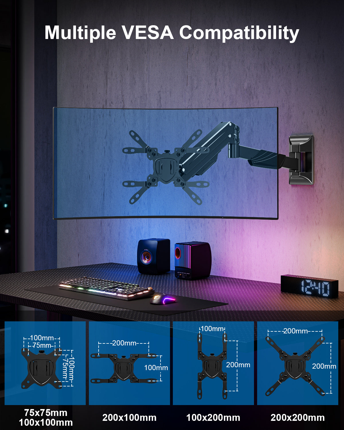 ErgoFocus Monitor Wall Mount for Max 43", Premium Single Wall Monitor Mount Holds up to 33.1lbs Ultrawide Computer Screen, Height Adjustable Full Motion Gas Springcore Vesa Wall Mount, Max 200x200mm