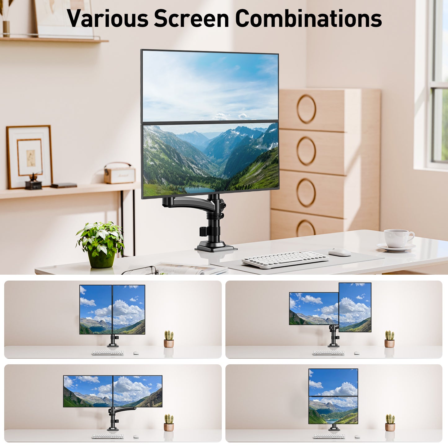 ELIVED Taller Dual Monitor Stand Long Arms for 13-32 inch Screens, Height Adjustable, VESA 75/100mm, Monitor Arm Desk Mount with Tilt Swivel Rotation, Up to 10KG, Black, EV6034B