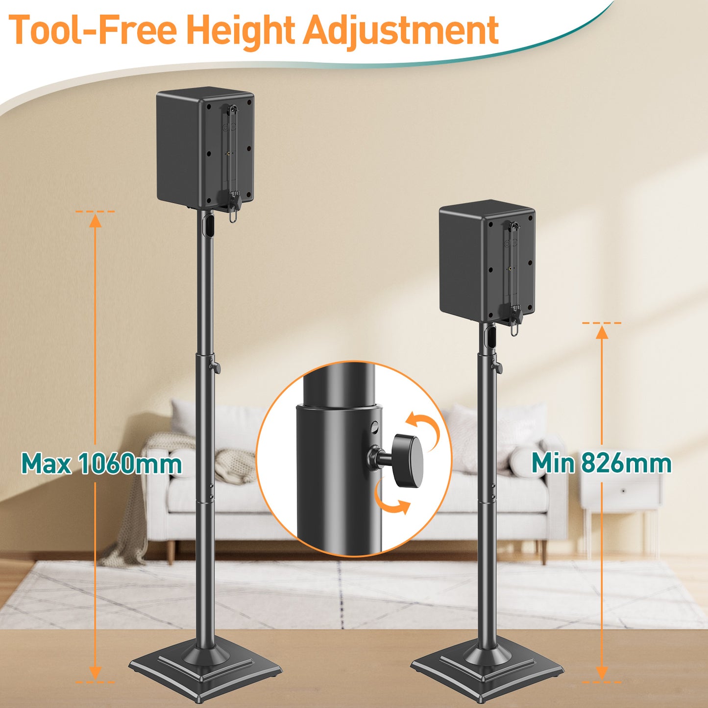 ELIVED Speaker Stands Height-Adjustable for Satellites up to 5 kg, Set of 2 Floor Stands, Universal Compatible with Samsung Sony, Holds Satellite & Small Bookshelf Speakers, Black EV5032