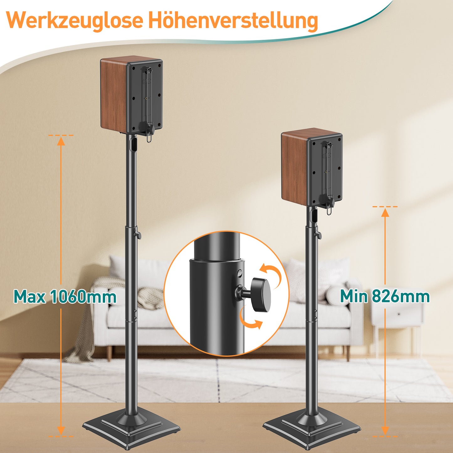 ELIVED Universal Lautsprecherständer höhenverstellbar bis 106cm, Boxenständer mit interner Kabelkanal für Regallautsprecher, 5kg Tragkraf, Schwarz, 1 Paar