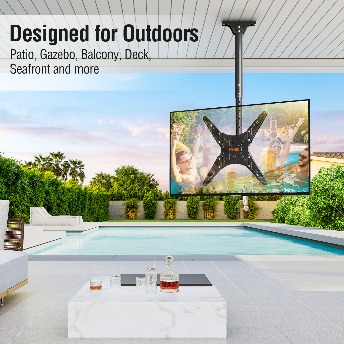 ELIVED Outdoor Ceiling TV Mount for Most 26-65 Inch TVs, Weatherproof TV Hanging Bracket Anti-Rust for Patio, Height Adjustable Ceiling Mount 360° Swivel and Tilt, Max VESA 400x400mm Up to 99 lbs.YD3015-OD