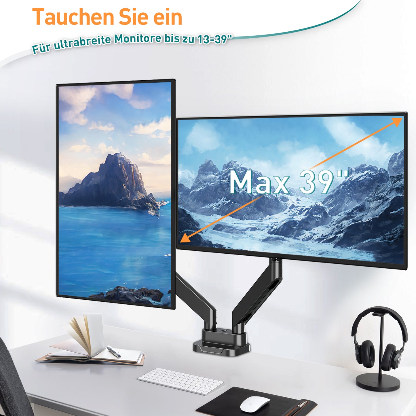 ELIVED Monitor Halterung 2 Monitore für 13-39" Bildschirme, Gasfeder Monitor Arm hält 2-15 kg Monitor mit VESA 75/100mm, Bildschirmhalterung 2 Monitore mit USB Kabeln EV3206