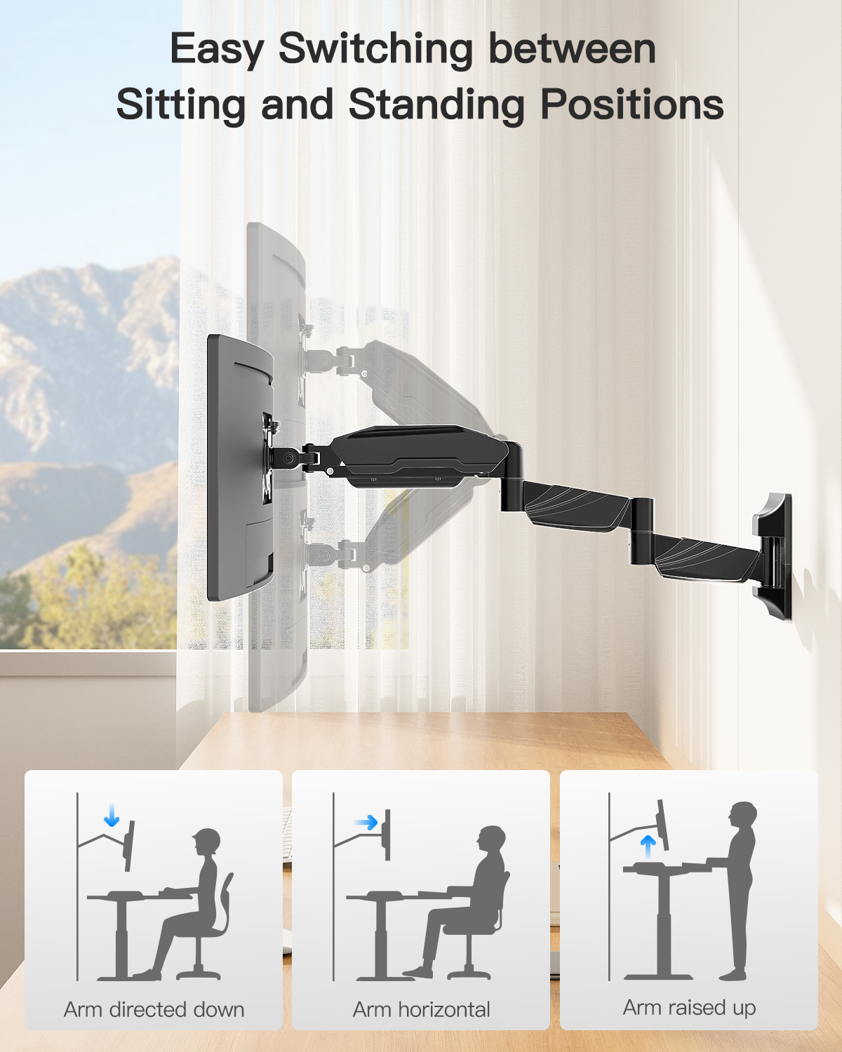 ErgoFocus Long Arm Monitor Wall Mount for Max 32 inch Computer Screen, Extra Long Adjustable Single Wall Mount Monitor Arm, Full Motion Vesa Wall Bracket 100x100, Hold up to 17.6lbs, Black