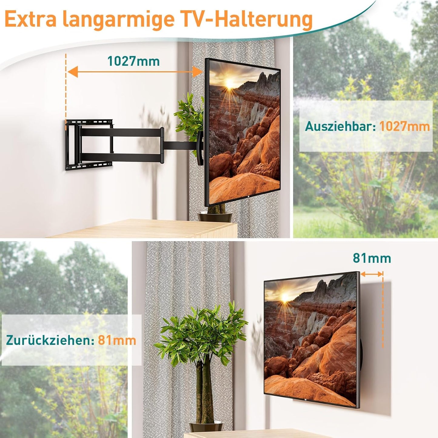 ELIVED TV Wandhalterung mit 1027mm Extra Langer Arm für die meisten 42-90 Zoll Fernseher bis 68KG, Schwenkbar Arm 1m 100cm 1000mm, Neigbare TV Halterung, Max. VESA 800x400mm, EV3029