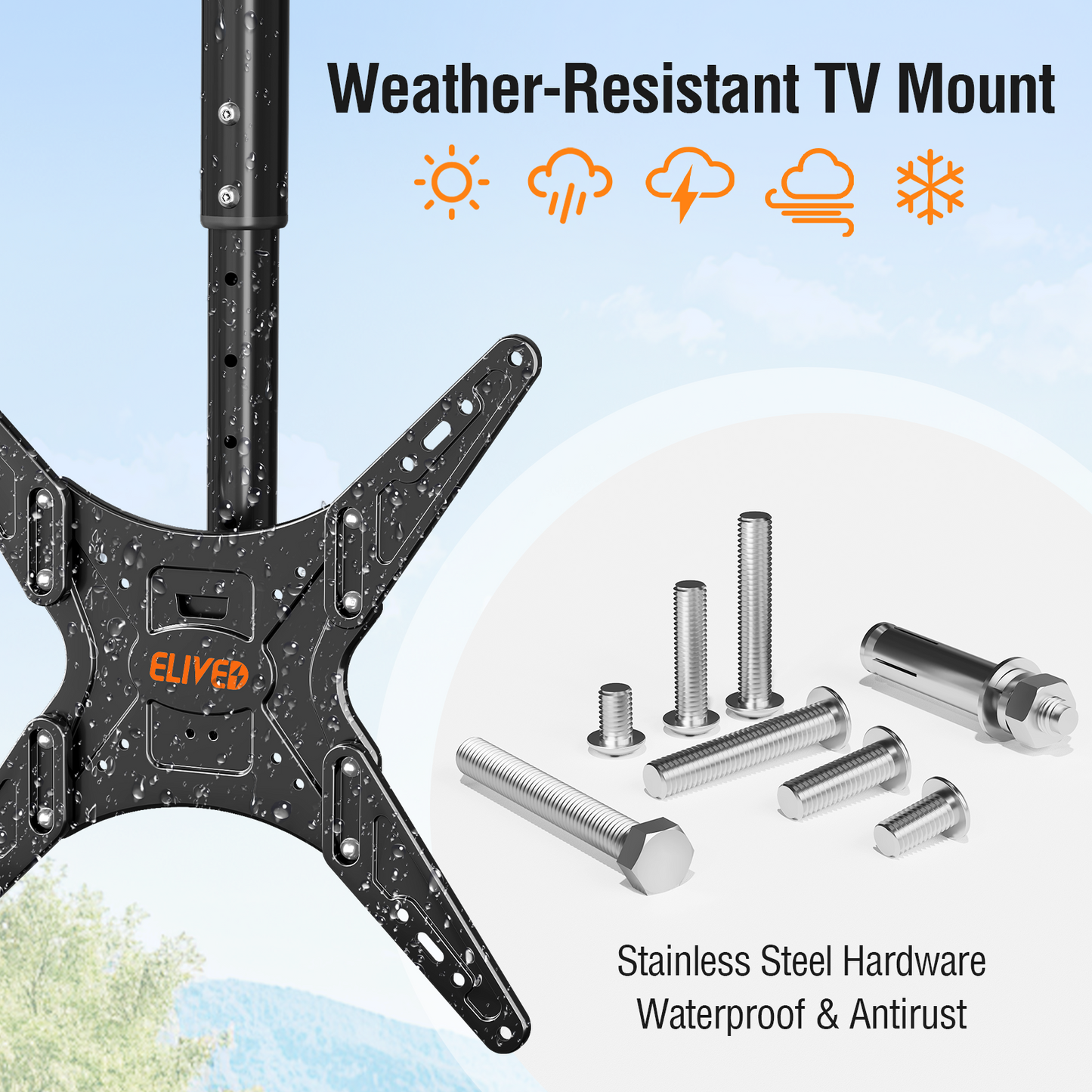 ELIVED Outdoor Ceiling TV Mount for Most 26-65 Inch TVs, Weatherproof TV Hanging Bracket Anti-Rust for Patio, Height Adjustable Ceiling Mount 360° Swivel and Tilt, Max VESA 400x400mm Up to 99 lbs.YD3015-OD