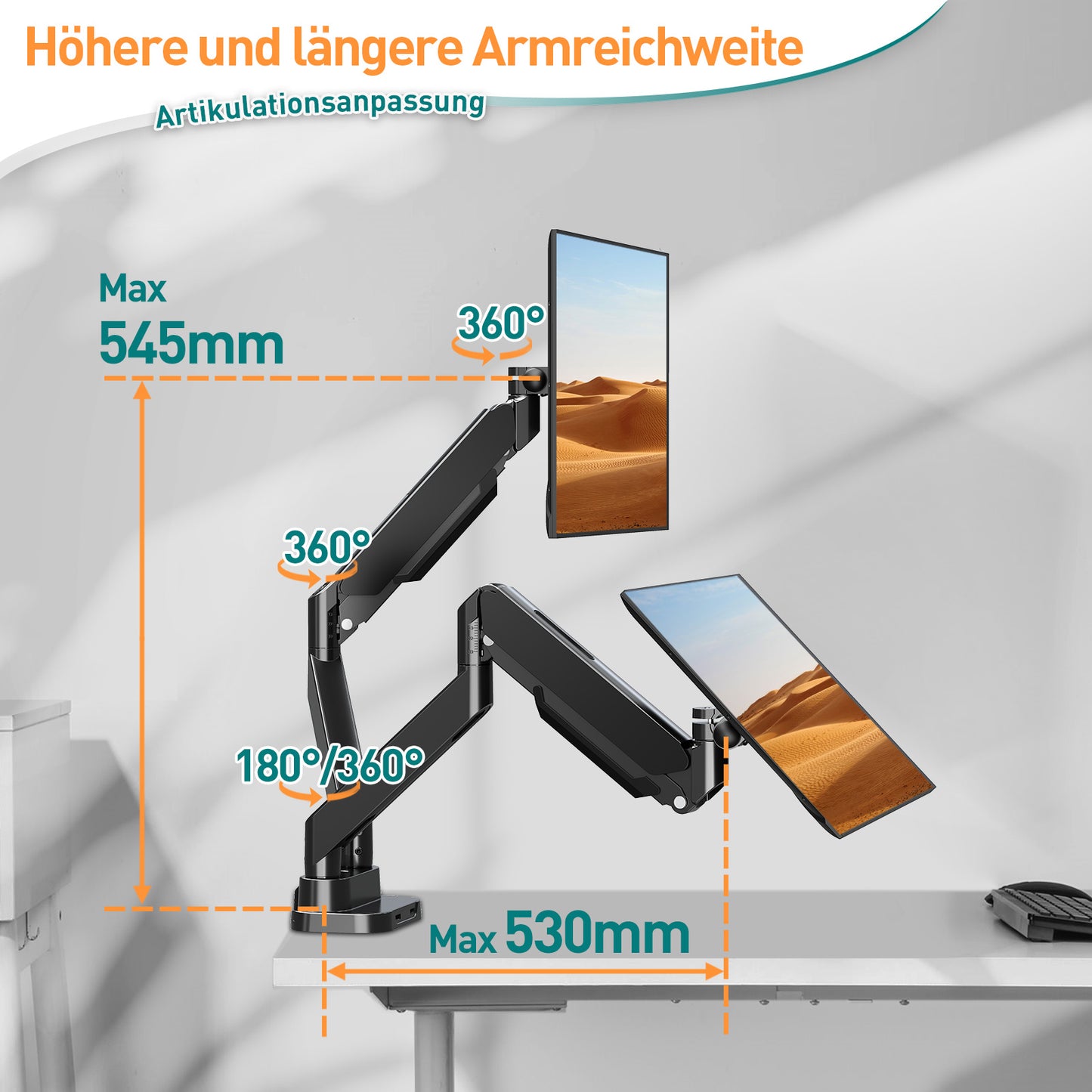 ELIVED Monitor Halterung 2 Monitore für 13-39" Bildschirme, Gasfeder Monitor Arm hält 2-15 kg Monitor mit VESA 75/100mm, Bildschirmhalterung 2 Monitore mit USB Kabeln EV3206