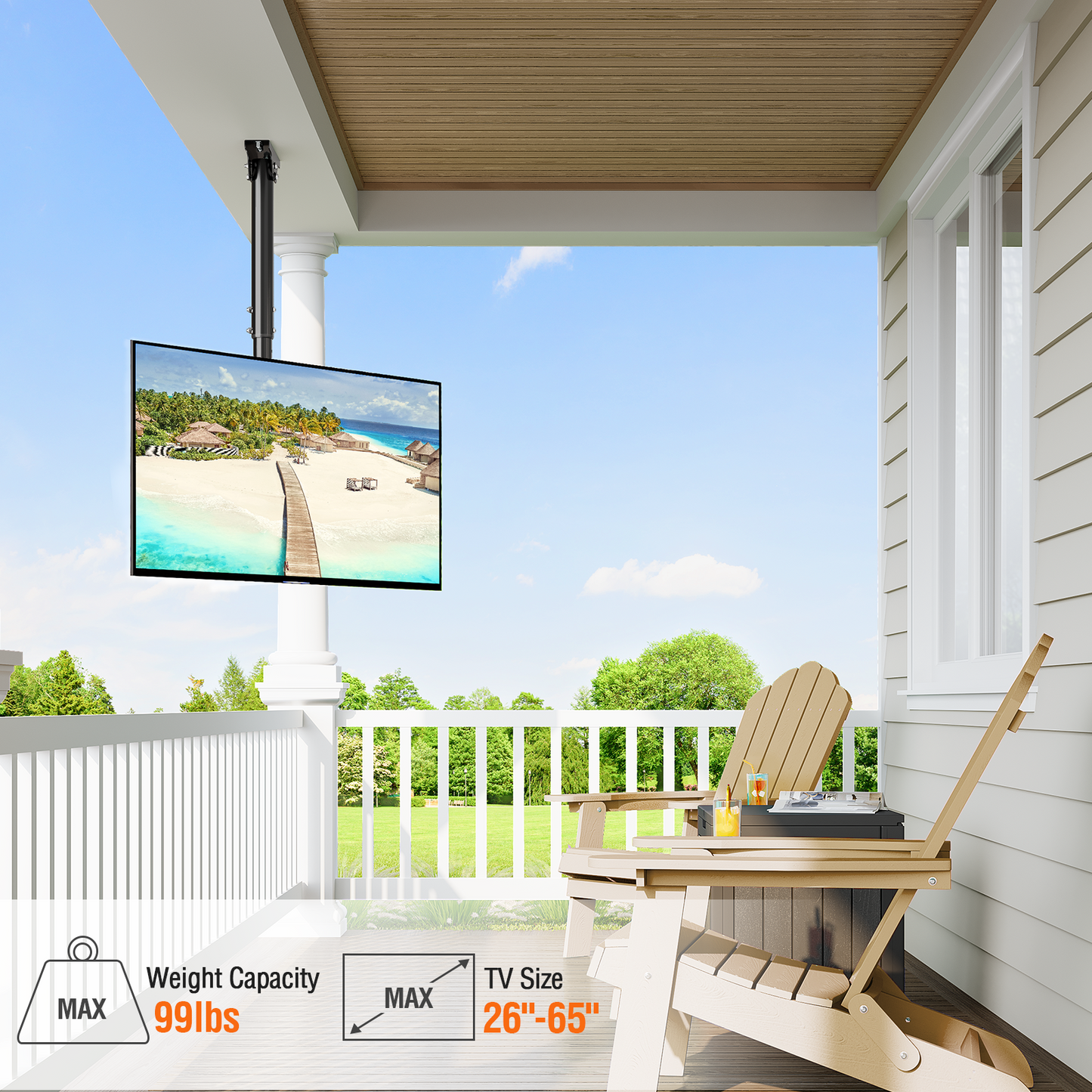 ELIVED Outdoor Ceiling TV Mount for Most 26-65 Inch TVs, Weatherproof TV Hanging Bracket Anti-Rust for Patio, Height Adjustable Ceiling Mount 360° Swivel and Tilt, Max VESA 400x400mm Up to 99 lbs.YD3015-OD