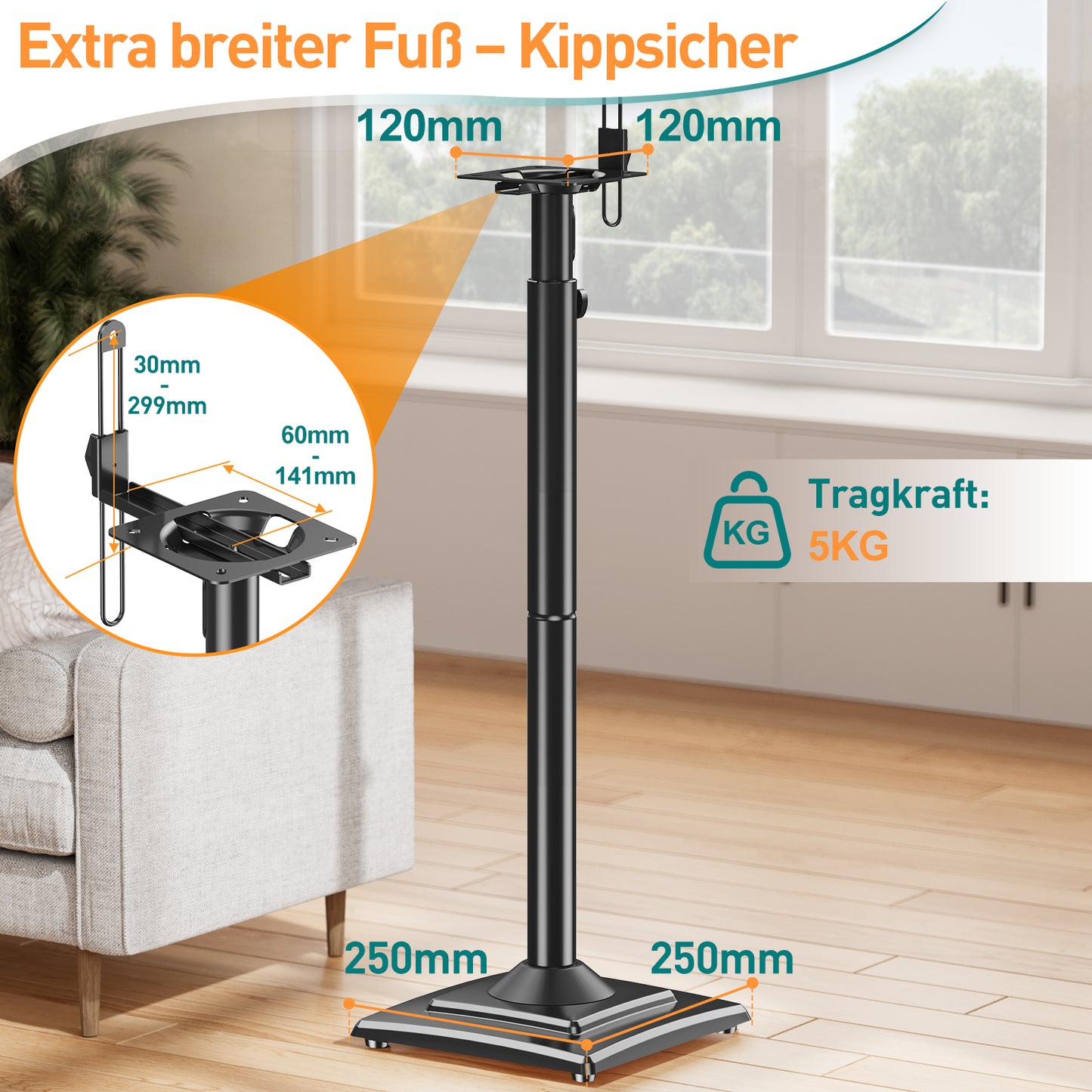 ELIVED Universal Lautsprecherständer höhenverstellbar bis 106cm, Boxenständer mit interner Kabelkanal für Regallautsprecher, 5kg Tragkraf, Schwarz, 1 Paar