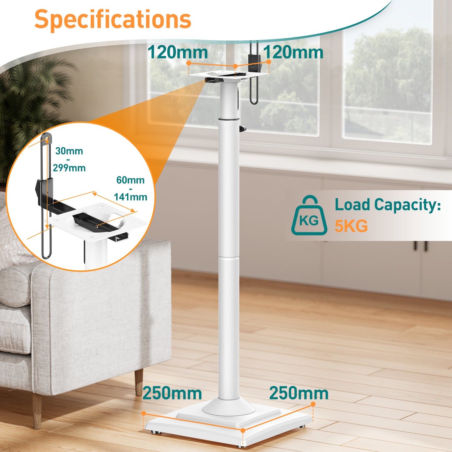 ELIVED Speaker Stands Height-Adjustable for Satellites up to 5 kg, Set of 2 Floor Stands, Universal Compatible with Samsung Sony, Holds Satellite & Small Bookshelf Speakers, White EV5032W