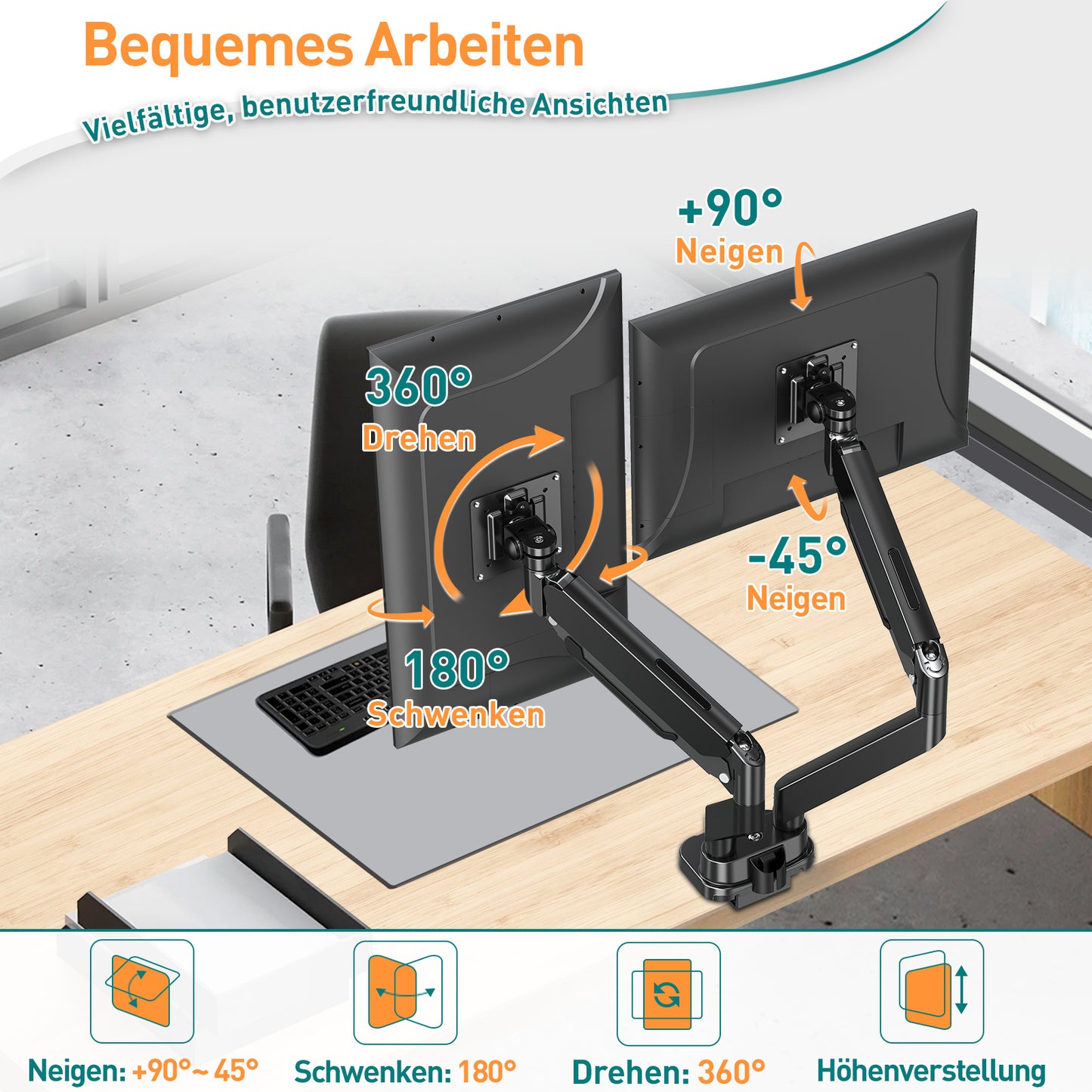 ELIVED Monitor Halterung 2 Monitore für 13-39" Bildschirme, Gasfeder Monitor Arm hält 2-15 kg Monitor mit VESA 75/100mm, Bildschirmhalterung 2 Monitore mit USB Kabeln EV3206