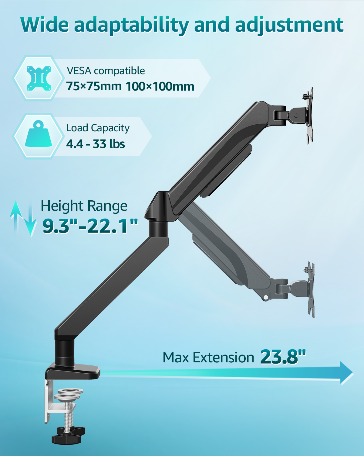 ErgoFocus Heavy Duty Single Monitor Arm for Max 42 Inch Screens, Monitor Mount for Desk Supports 4.4-33 lbs, Height Adjustable Ultrawide Monitors Stand with C-Clamp & Grommet Base, VESA Mount 70/100