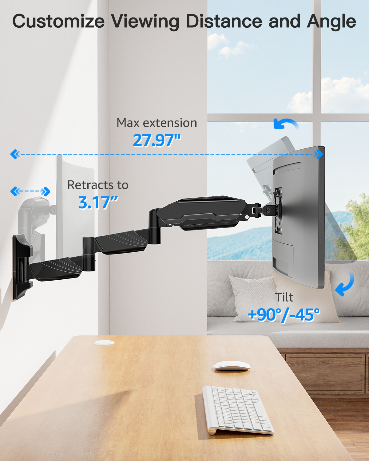 ErgoFocus Long Arm Monitor Wall Mount for Max 32 inch Computer Screen, Extra Long Adjustable Single Wall Mount Monitor Arm, Full Motion Vesa Wall Bracket 100x100, Hold up to 17.6lbs, Black