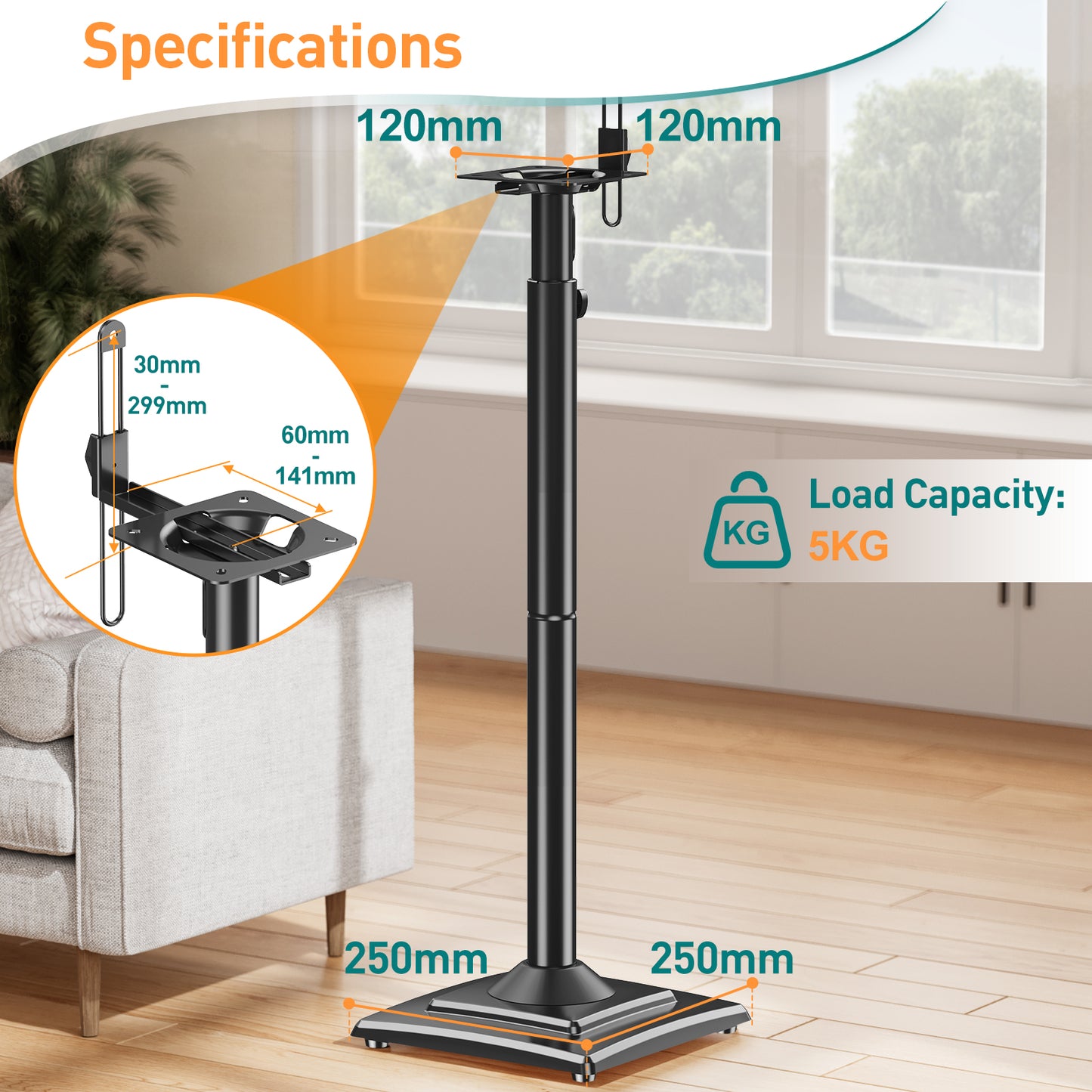 ELIVED Speaker Stands Height-Adjustable for Satellites up to 5 kg, Set of 2 Floor Stands, Universal Compatible with Samsung Sony, Holds Satellite & Small Bookshelf Speakers, Black EV5032