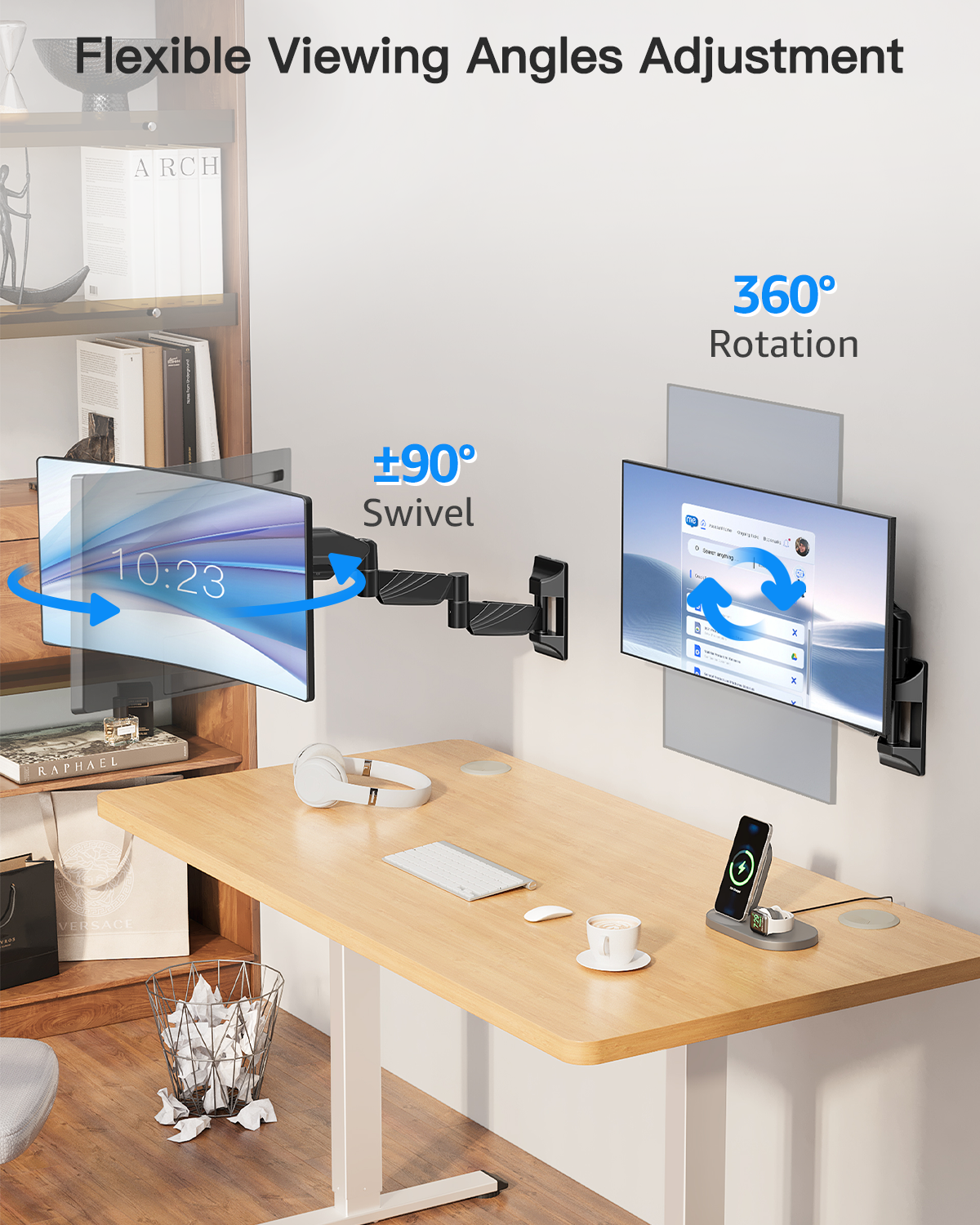 ErgoFocus Long Arm Monitor Wall Mount for Max 32 inch Computer Screen, Extra Long Adjustable Single Wall Mount Monitor Arm, Full Motion Vesa Wall Bracket 100x100, Hold up to 17.6lbs, Black