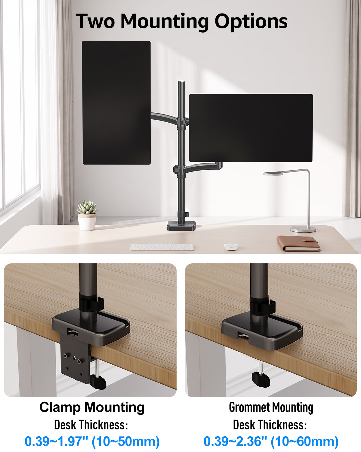 ErgoFocus Vertical Dual Monitor Mount Fit up to 32", Stacked Monitor Stand for 2 Computer Screens, Gas Spring Full Motion Adjustable Tall Display Desk Mount, Each Arm Holds up to 17.6lbs, VESA Mount