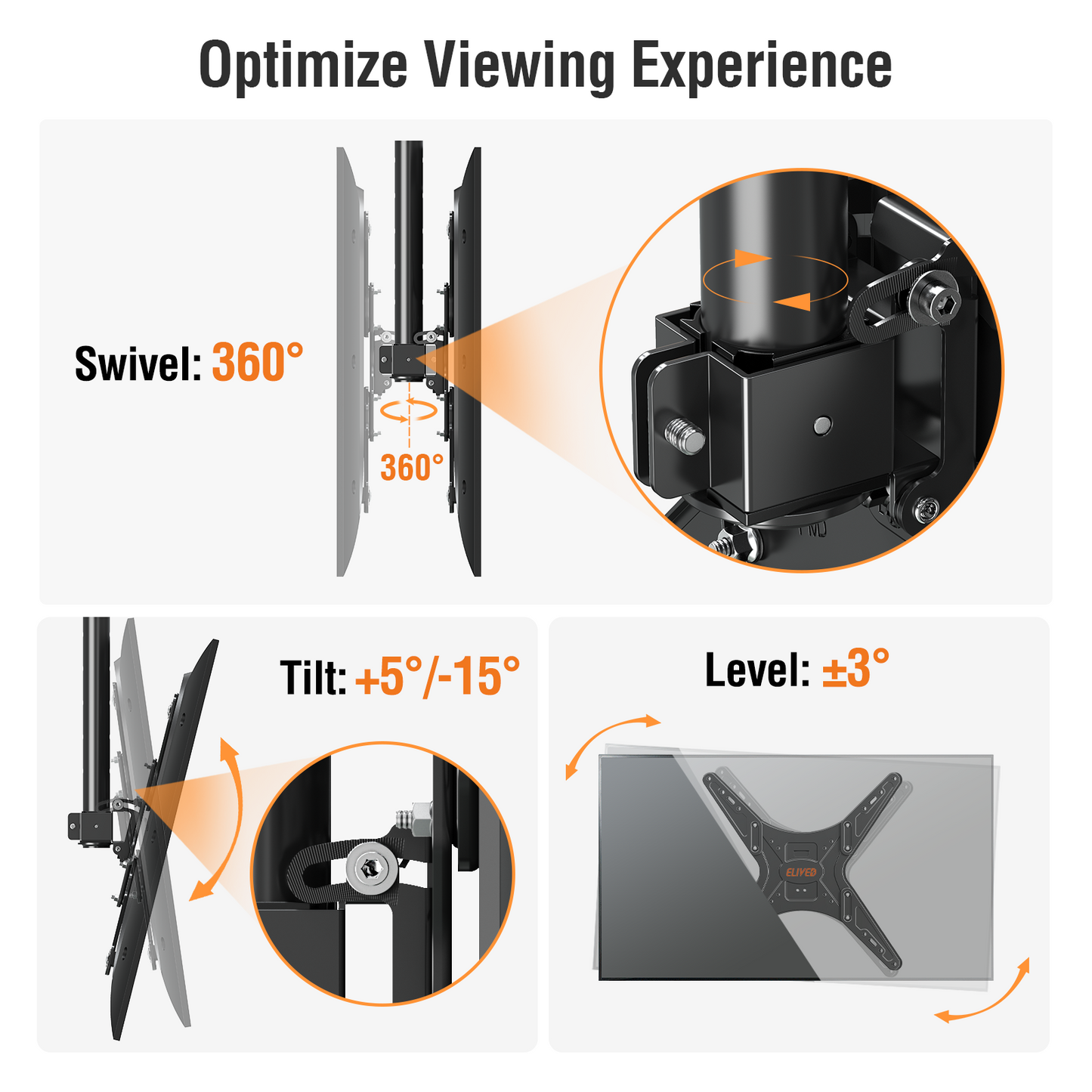 ELIVED Outdoor Ceiling TV Mount for Most 26-65 Inch TVs, Weatherproof TV Hanging Bracket Anti-Rust for Patio, Height Adjustable Ceiling Mount 360° Swivel and Tilt, Max VESA 400x400mm Up to 99 lbs.YD3015-OD
