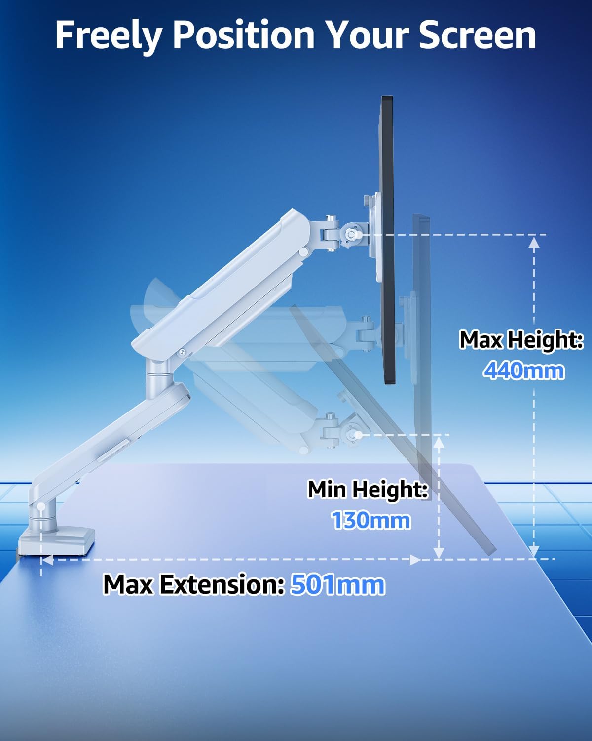Freelift Single Arm Monitor Desk Mount for 13-32 inch Screen, Tool Free Height Adjustable Gas Spring Arm, Gaming Monitor Arm Holds 2-9kg, VESA 75 & 100mm, C-clamp & Grommet Options, White