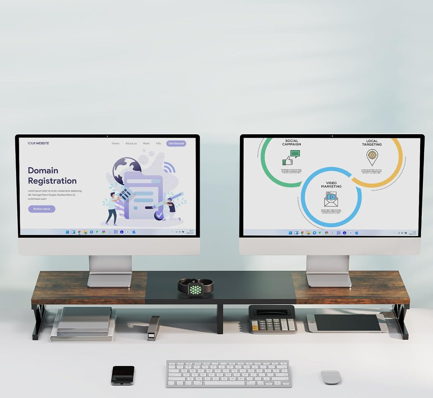 ErgoFocus Dual Monitor Stand Riser, Large Wood Monitor Riser for 2 Monitors, Monitor Lift with Storage for Desk, Sturdy Wood&Steel Multi Screen Stand, Desktop Organizer Monitor Stand for Computer