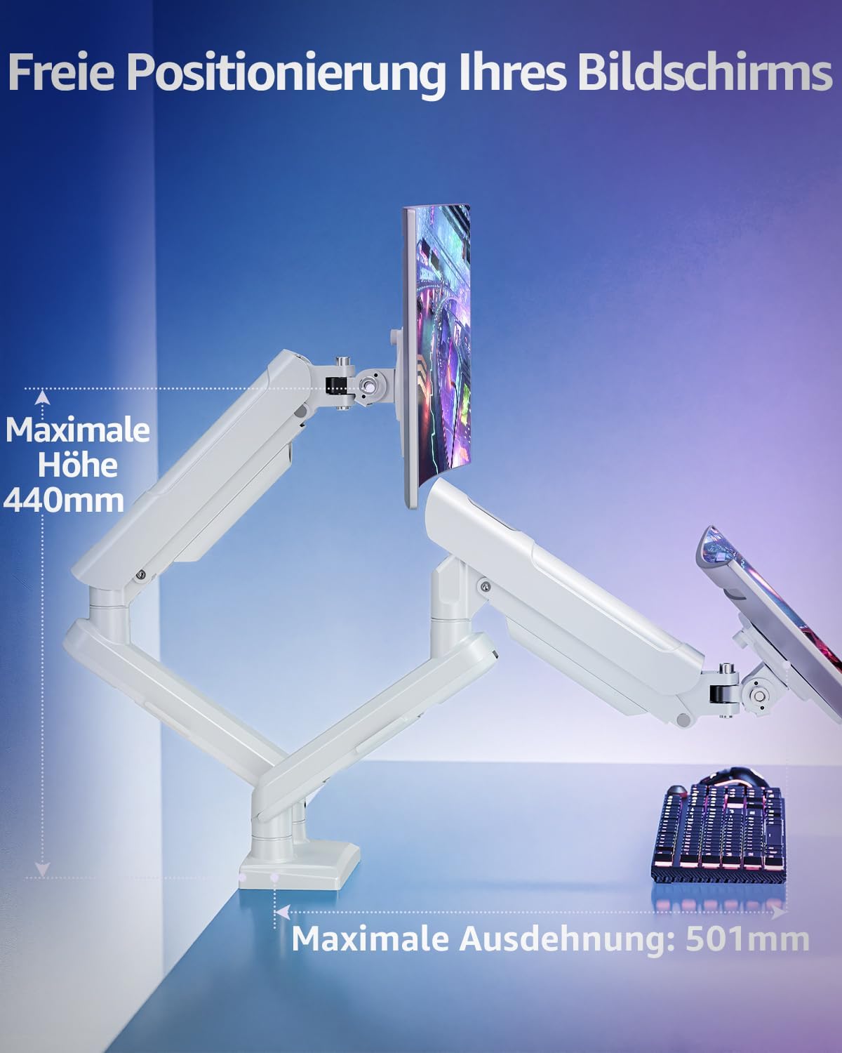ELIVED EV6012W Monitor Mount 2 Monitors for 13-32 Inch Screens, Screen Mount 2 Monitors Holds 2-9 kg Monitor with VESA 75/100 mm, Gas Spring Monitor Arm with Tilting, Swivelling, Rotating, White