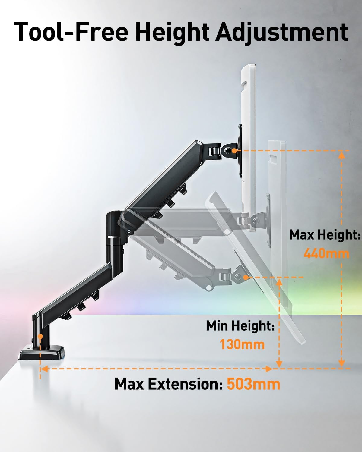 ELIVED Single Monitor Arm - Adjustable Gas Spring Monitor Stand for 13-32 Inch Screens up to 9KG, Ergonomic Desk Mount with Tilt, Swivel & Rotate, VESA 75/100mm, 2 Mounting Clamp, Black, EV6013B