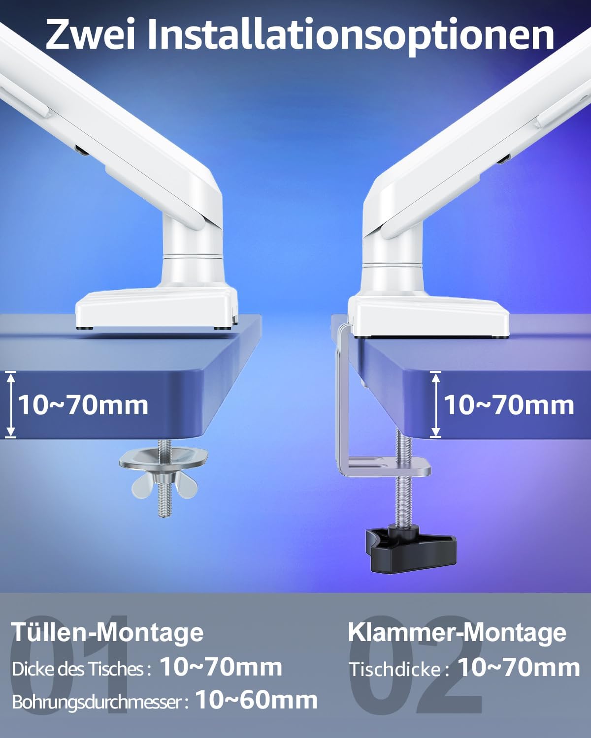 ELIVED EV6012W Monitor Mount 2 Monitors for 13-32 Inch Screens, Screen Mount 2 Monitors Holds 2-9 kg Monitor with VESA 75/100 mm, Gas Spring Monitor Arm with Tilting, Swivelling, Rotating, White