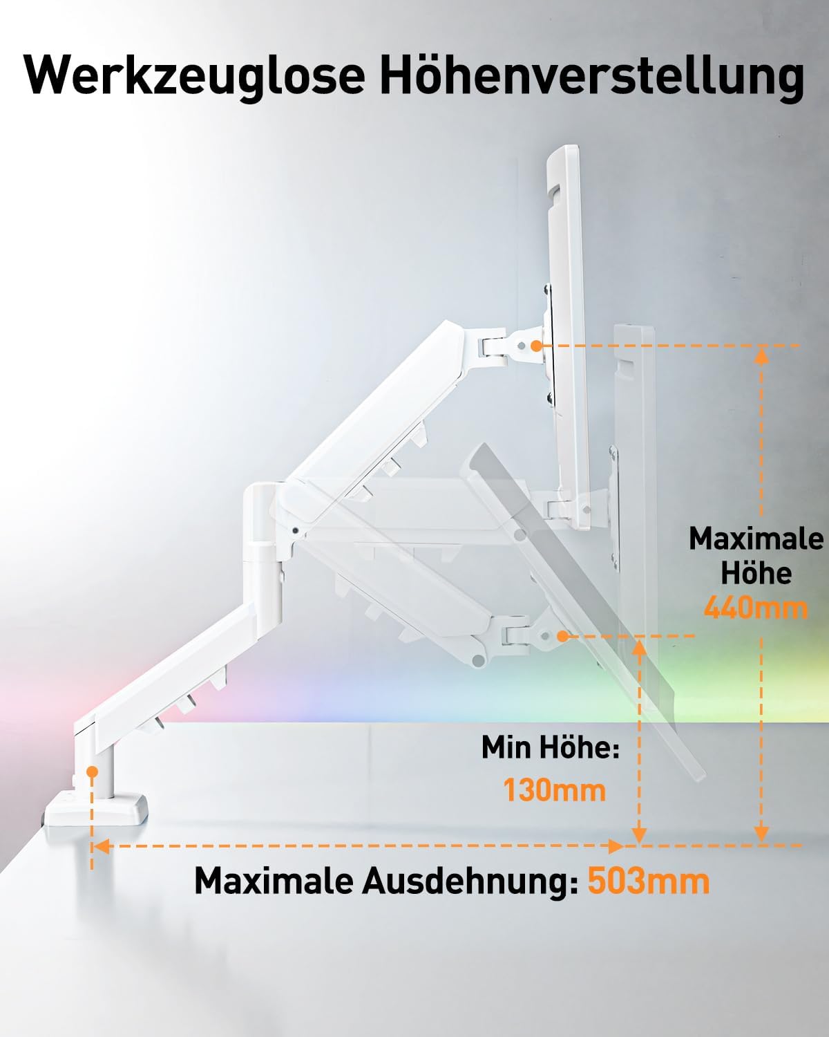 ELIVED EV6013W-DE Monitor Mount for 13 - 32 Inch Monitor, Ideal for 2-9 kg Gaming PC Screens with VESA 75/100 mm, Gas Spring Monitor Arm with Tilt, Swivel, Rotatable