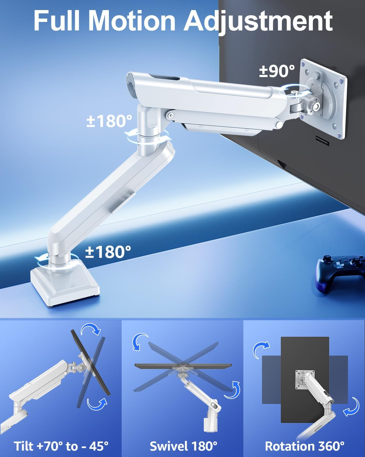 Freelift Single Arm Monitor Desk Mount for 13-32 inch Screen, Tool Free Height Adjustable Gas Spring Arm, Gaming Monitor Arm Holds 2-9kg, VESA 75 & 100mm, C-clamp & Grommet Options, White