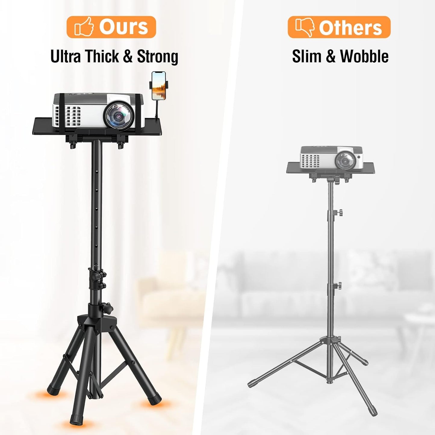ELIVED Projector Stand - 21'' to 34'' Height Adjustable Portable Projector Tripod with 180° Tilting, Laptop Tripod Stand DJ Rack with Phone Holder for Home Office Stage Studio Outdoor Movies