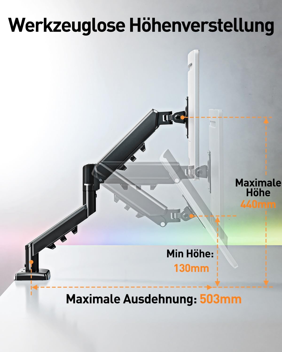 ELIVED EV6013B-DE Monitor Mount for 13 - 32 Inch Monitor, Ideal for 2-9 kg Gaming PC Screens with VESA 75/100 mm, Gas Spring Monitor Arm with Tilt, Swivel, Rotatable