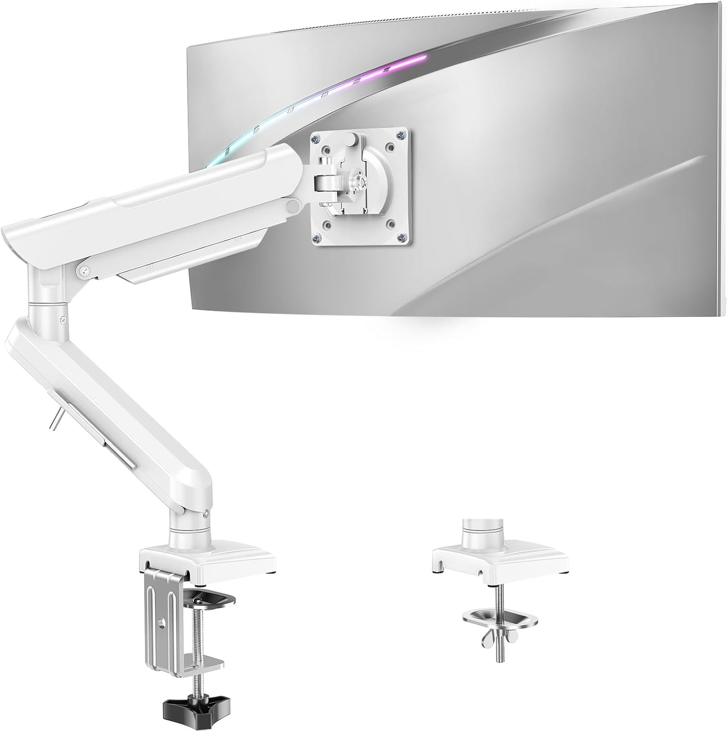 Freelift Single Arm Monitor Desk Mount for 13-32 inch Screen, Tool Free Height Adjustable Gas Spring Arm, Gaming Monitor Arm Holds 2-9kg, VESA 75 & 100mm, C-clamp & Grommet Options, White