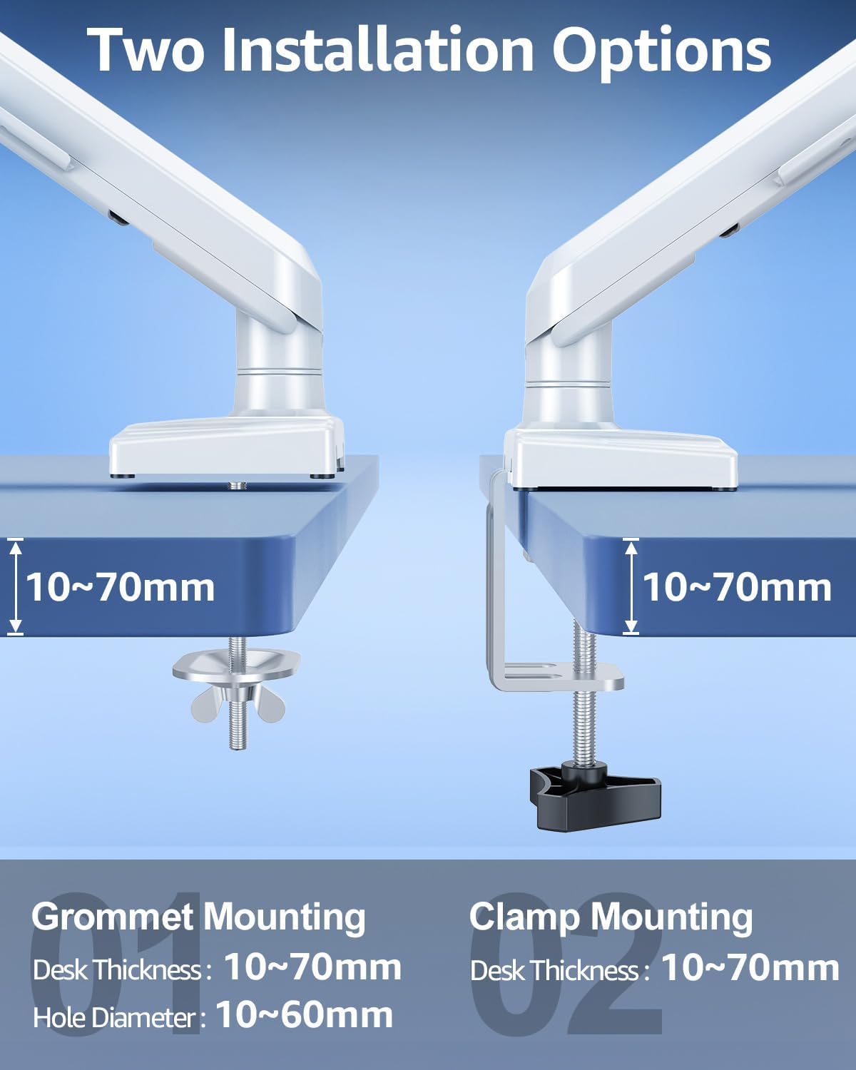 Freelift Single Arm Monitor Desk Mount for 13-32 inch Screen, Tool Free Height Adjustable Gas Spring Arm, Gaming Monitor Arm Holds 2-9kg, VESA 75 & 100mm, C-clamp & Grommet Options, White