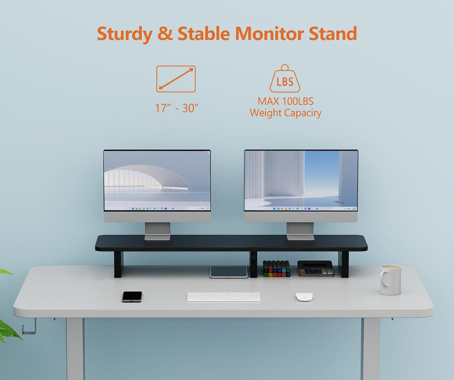 Ergofoucs Dual Monitor Stand, 39 inch Large Monitor Stand Riser for 2 Monitors, Wood Computer Monitor Stand for Desk with Storage Space for Office Assessories